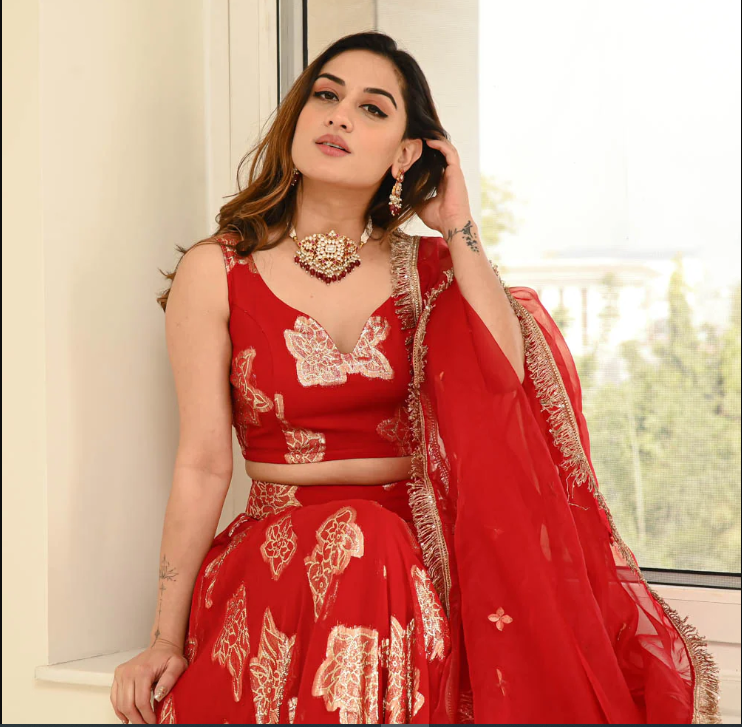 RED JACQUARD LEHENGA SET