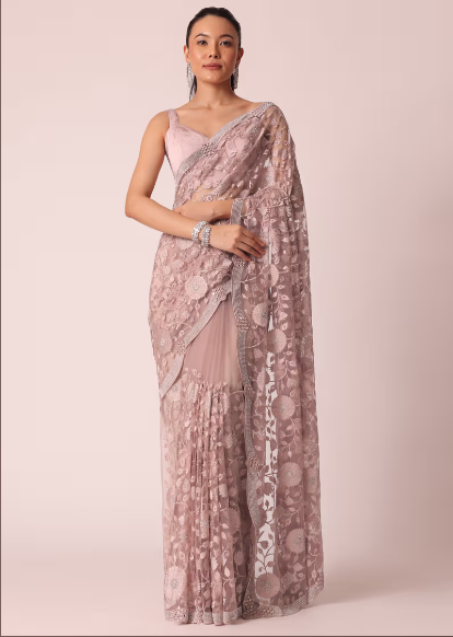 Onion Pink Sheer Saree With Floral stone studded And Unstitched Blouse Piece