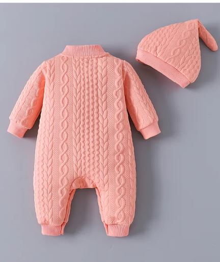 infant Kookie Kids Full Sleeves Winter Romper with Cable Knit Design & Cap