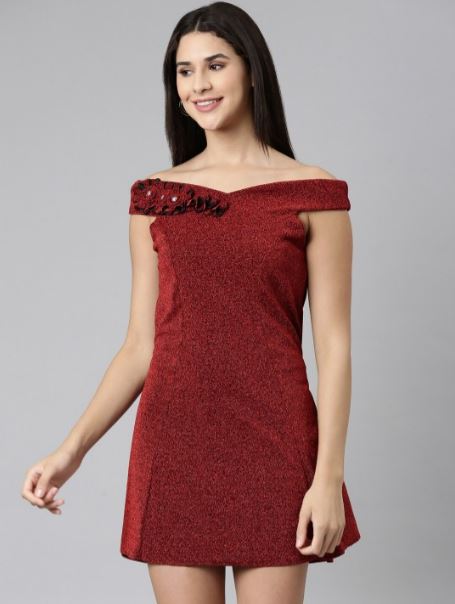 Maroon Embellished Off Shoulder Dress