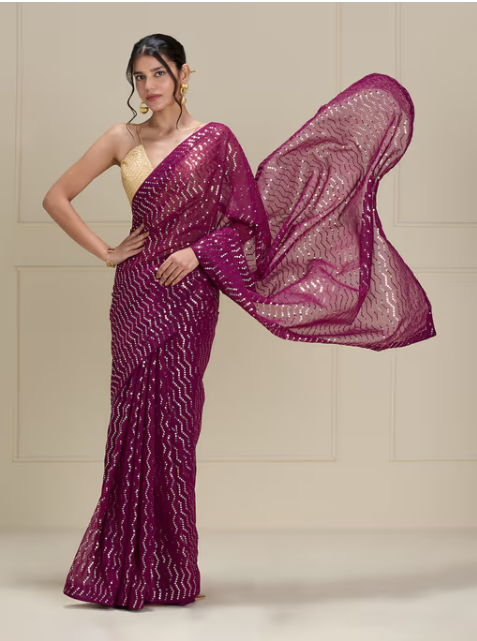 Purple Georgette Embellished and Beads Stone Party Wear Saree with Unstitched Blouse