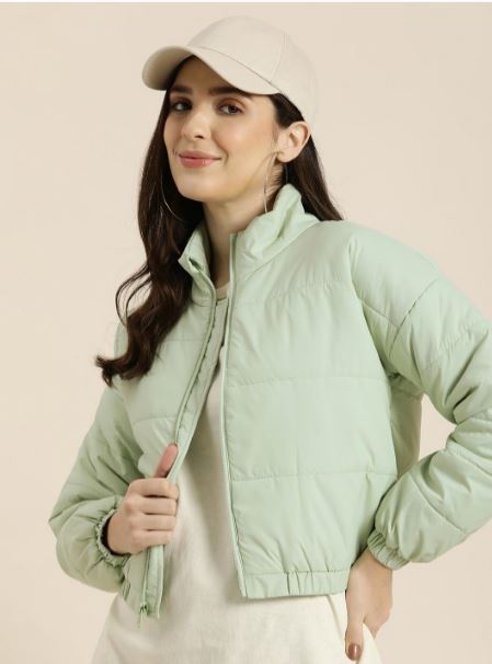 HERE&NOW Solid Mock Collar Crop Padded Jacket