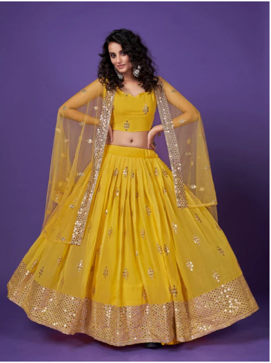 Yellow Sequanece Embroidered Georgette Haldi Wear Lehenga Choli