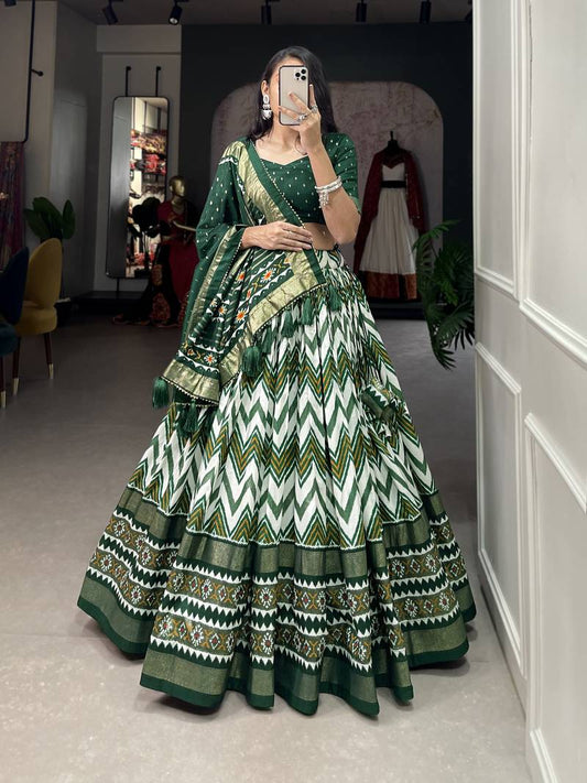 Daimagestore Green Color Tussar Silk With Leheriya With Foil Print Lehenga Choli For Women