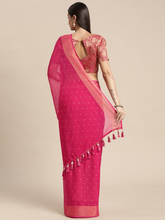 Pink & Gold-Toned Floral Zari Pure Chiffon Saree