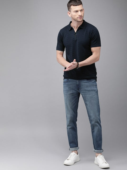 Men Navy Blue Self Design Polo Collar Pure Cotton T-shirt