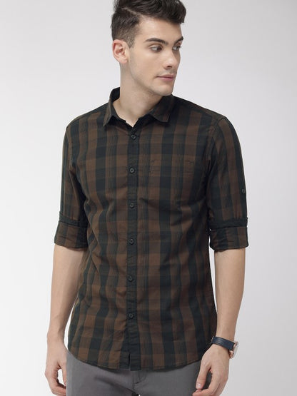 Men Brown & Black Slim Fit Checked Casual Shirt