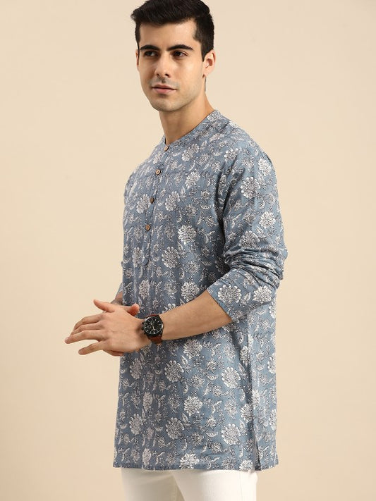 Men Grey & White Floral Printed Pure Cotton Straight Kurta