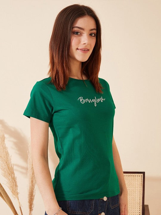 Green Brand Logo Embroidered Pure Cotton T-shirt