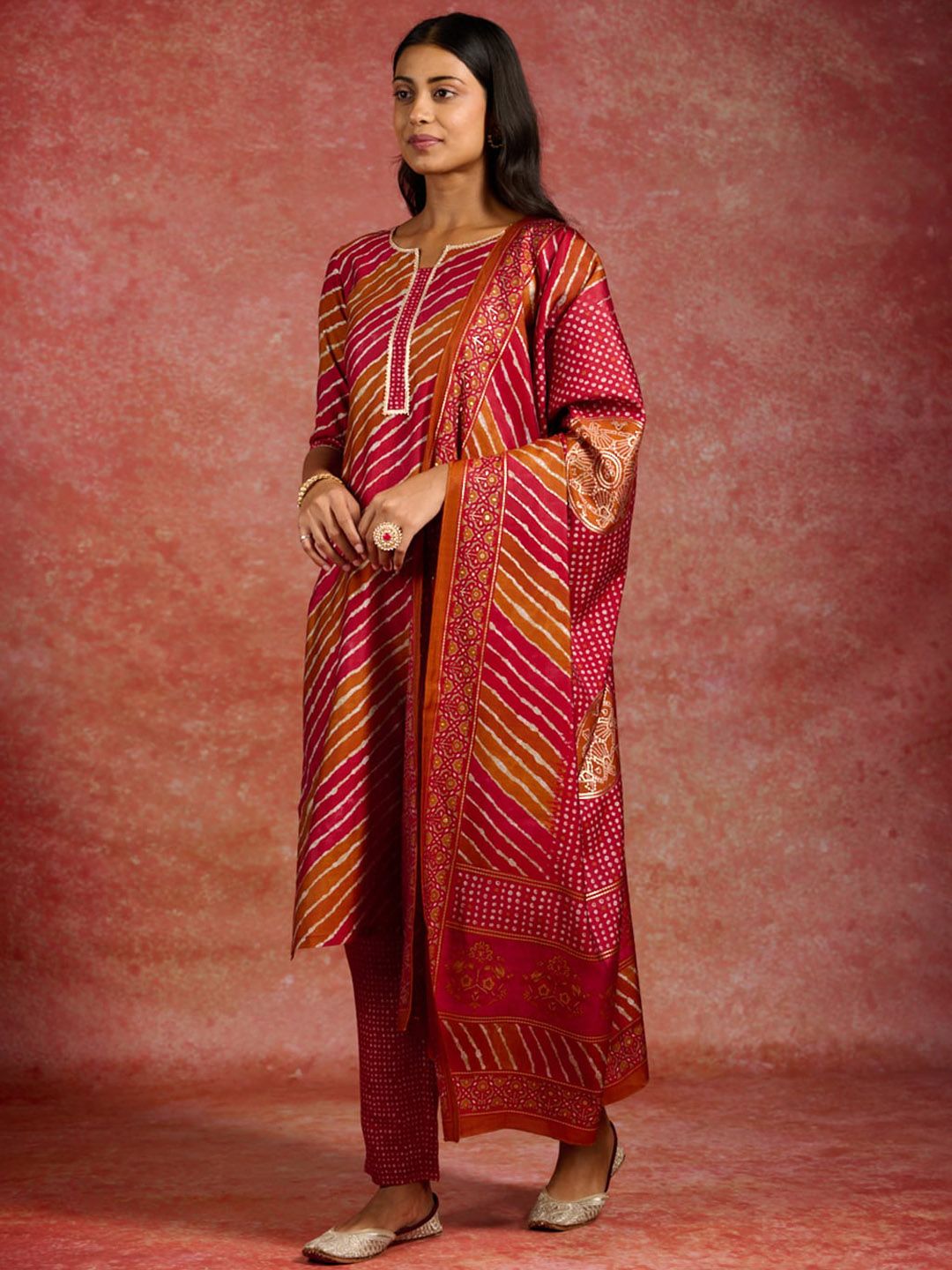 Striped Gotta Patti Straight Kurta With Trousers & Dupatta