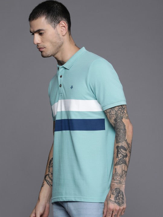 Men Blue & White Striped Polo Collar Slim Fit T-shirt