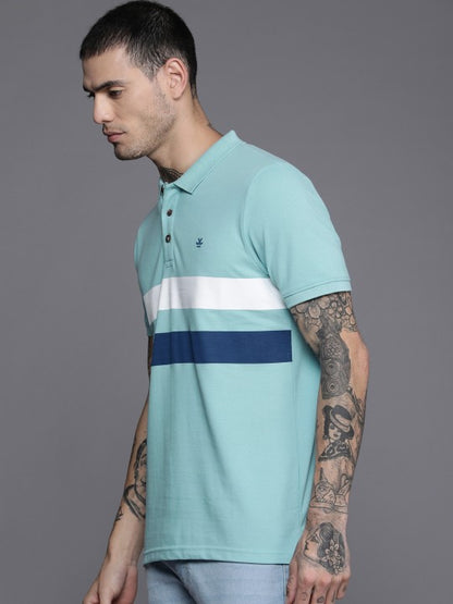 Men Blue & White Striped Polo Collar Slim Fit T-shirt