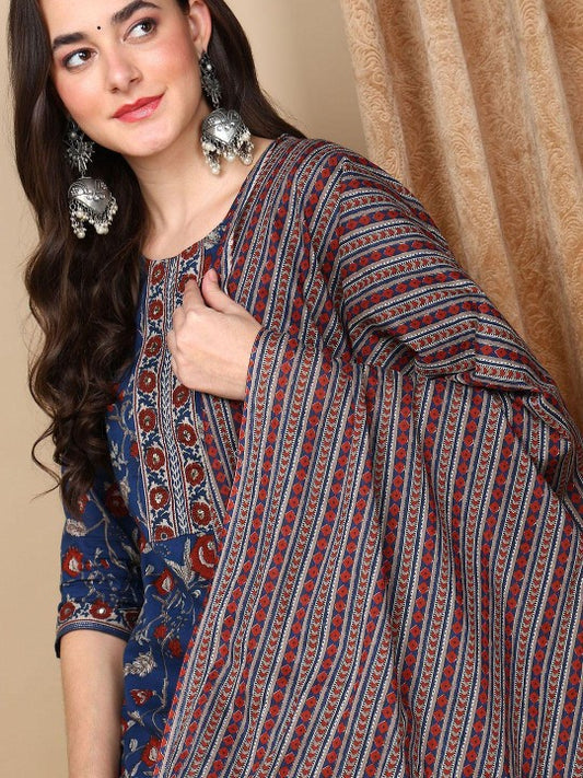 Floral Printed Straight Kurta with Trousers & Dupatta