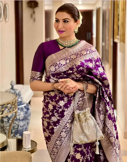 Purple color soft banarasi silk saree with zari weaving pallu