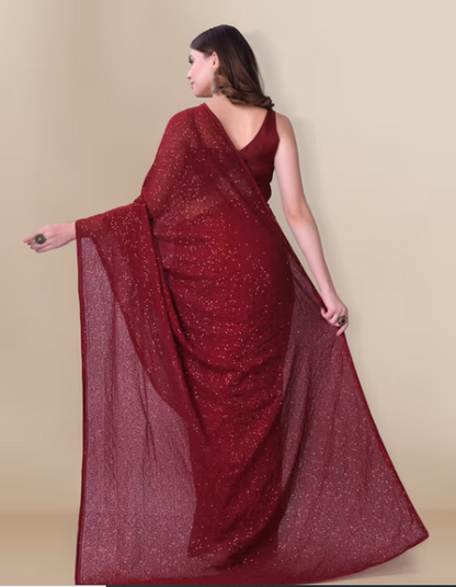 Embellished Sequinned Georgette Saree Maroon with Unstitched Blouse