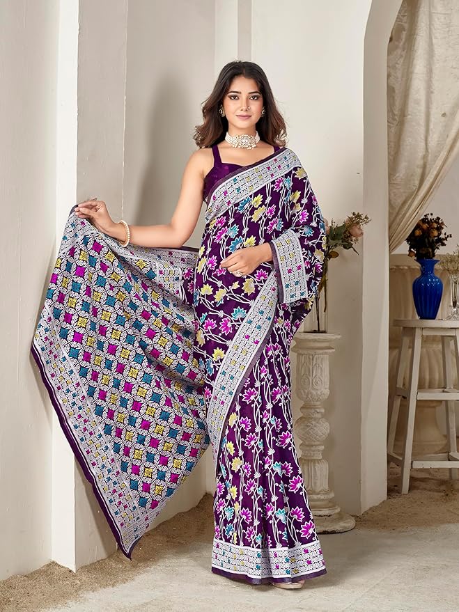 Women's Kashmiri Pashmina Silk Woven Saree With Blouse Piece