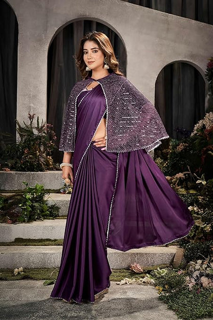 Designer Women's Traditional Satin Saree With Embellished Cape & Blouse Piece