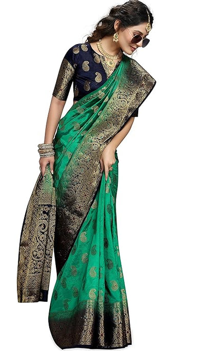 iZibra Women Kanjivaram Soft Cotton Silk Saree Pattu Sarees Banarasi Sari Original Kanchipuram Pure Silk Design with Blouse for Wedding sadi new ladies 2022 (Keri-Meena)