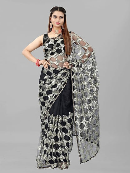 BARKIYA CREATION Women's Fashion Net Fabric Saree With Unstitch Blouse Piece.