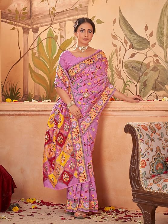 Women's Kashmiri Pashmina Silk Woven Saree With Blouse Piece