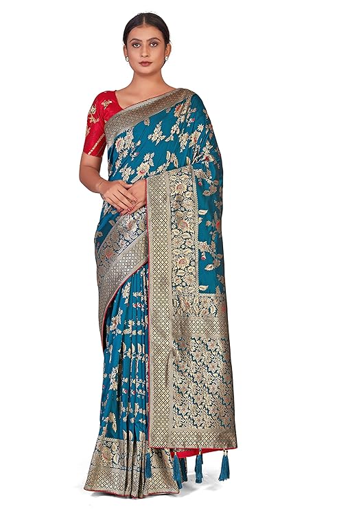 Monjolika Fashion Women's Banarasi Silk Blend Zari Woven Work With Tussles Saree and Embroidered Work Blouse Piece