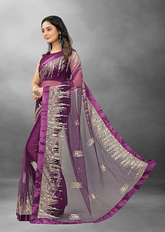 BARKIYA CREATION Women's Net Saree With Unstiched Blouse Piece