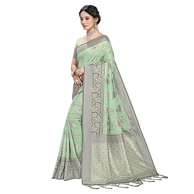 Rekha Maniyar Womens Cotton Woven Banarasi Silk Saree With Unstitched Blouse