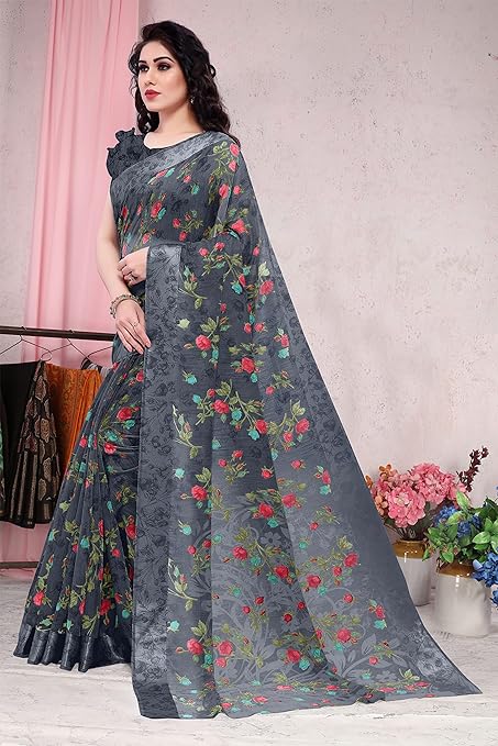 Women's Fancy Cotton Blend Tropical Floral Printed Saree with Blouse Piece