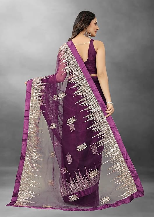 BARKIYA CREATION Women's Net Saree With Unstiched Blouse Piece