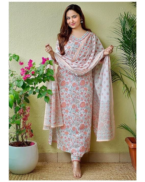 Women Viscose Floral Printed Kurti Pant and Dupatta Set