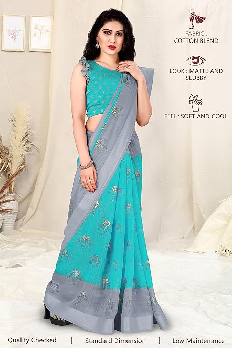 Women's Woven Cotton Blend Saree With Blouse Piece