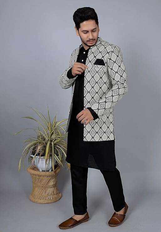 Amzira Men's Jacquard Casual Regular Printed Full Sleeve Knee Length Kurta Pyjama With Long Koti Jacket/Waistcoat 3 Piece Ethnic Wear Set