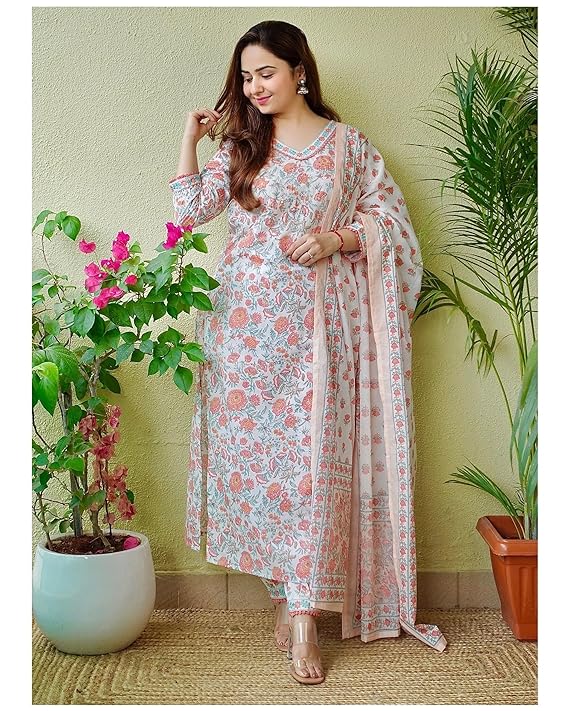 Women Viscose Floral Printed Kurti Pant and Dupatta Set