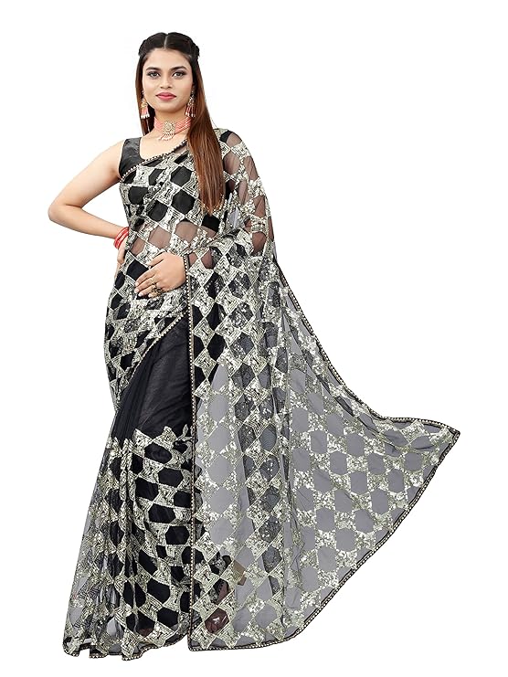 BARKIYA CREATION Women's Fashion Net Fabric Saree With Unstitch Blouse Piece.