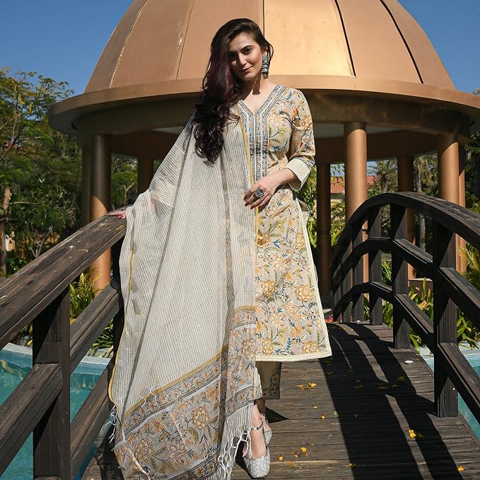 Kalmkari Printed Kurta and Pant Set with Dupatta