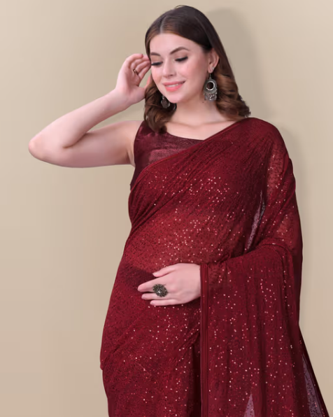 Embellished Sequinned Georgette Saree Maroon with Unstitched Blouse