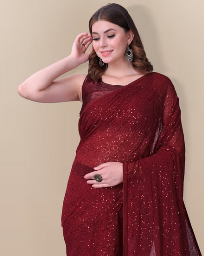 Embellished Sequinned Georgette Saree Maroon with Unstitched Blouse