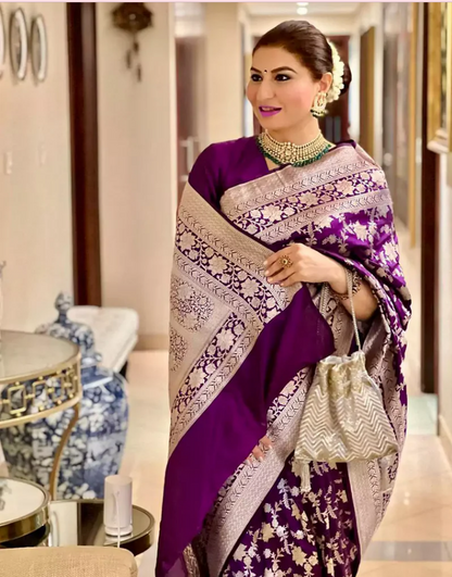 Purple color soft banarasi silk saree with zari weaving pallu