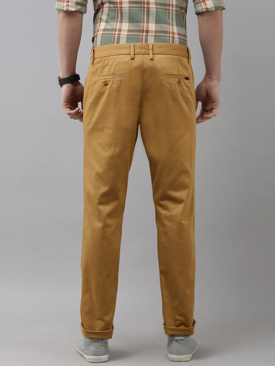 Men Khaki Solid Mid-Rise Regular Trousers