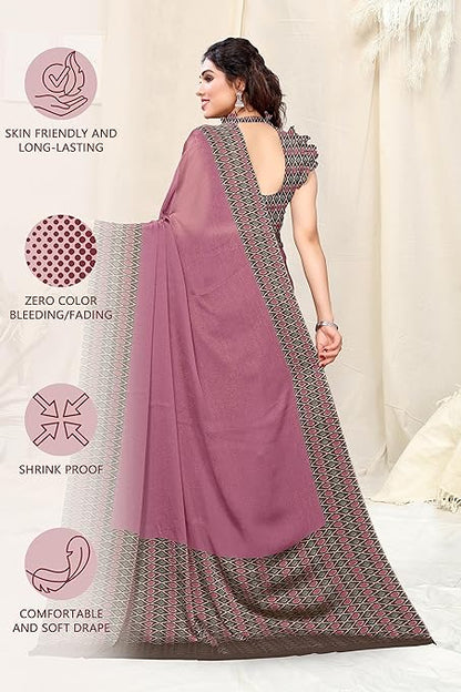 MIRCHI FASHION Women's Stylish Chiffon Contrast Border-Pallu Printed Saree with Blouse Piece