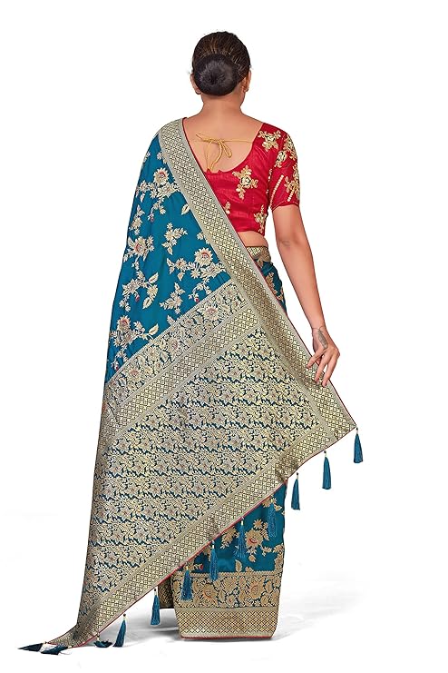 Monjolika Fashion Women's Banarasi Silk Blend Zari Woven Work With Tussles Saree and Embroidered Work Blouse Piece