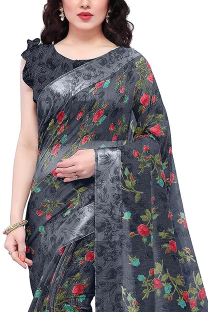 Women's Fancy Cotton Blend Tropical Floral Printed Saree with Blouse Piece