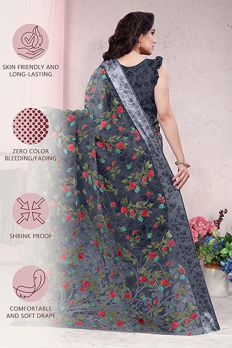 Women's Fancy Cotton Blend Tropical Floral Printed Saree with Blouse Piece