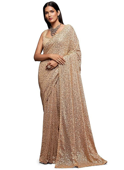 Zeel Clothing Women's Sequins Work Heavy Georgette Saree with Blouse (Latest-Sequins-Party-Saree, Free, Many Colors)