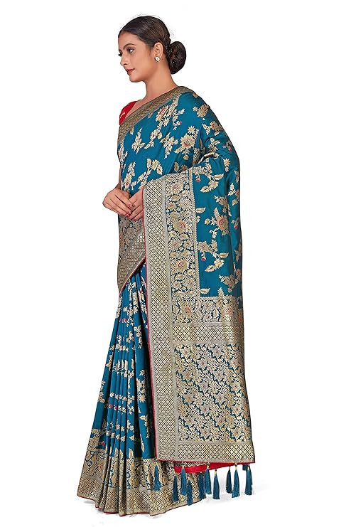 Monjolika Fashion Women's Banarasi Silk Blend Zari Woven Work With Tussles Saree and Embroidered Work Blouse Piece