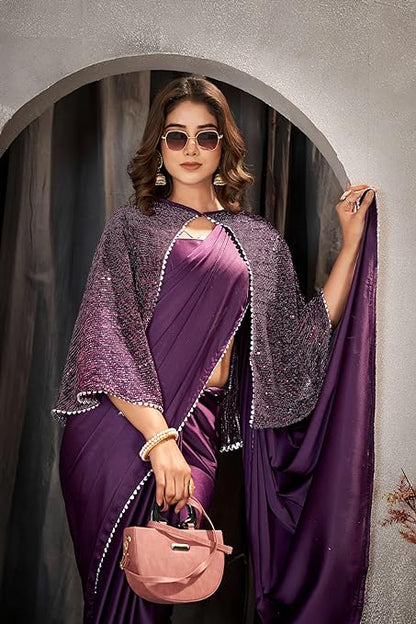 Designer Women's Traditional Satin Saree With Embellished Cape & Blouse Piece