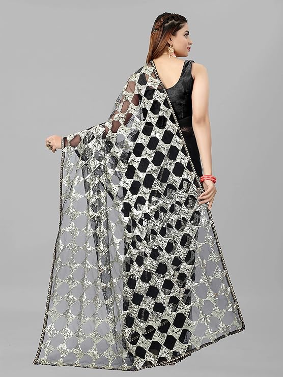 BARKIYA CREATION Women's Fashion Net Fabric Saree With Unstitch Blouse Piece.