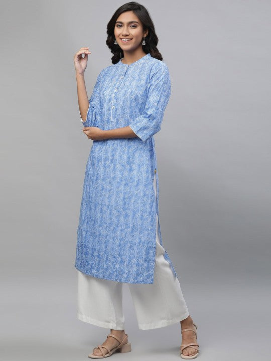 Band Collar Floral Printed Straight Cotton Kurta