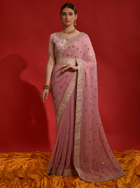 Akhilam Women Georgette Pink Embellished Designer Saree with Unstitched Blouse