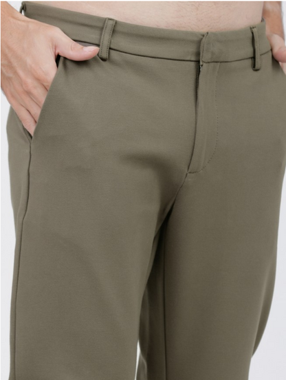 Men Olive Slim Fit Solid Casual Trousers